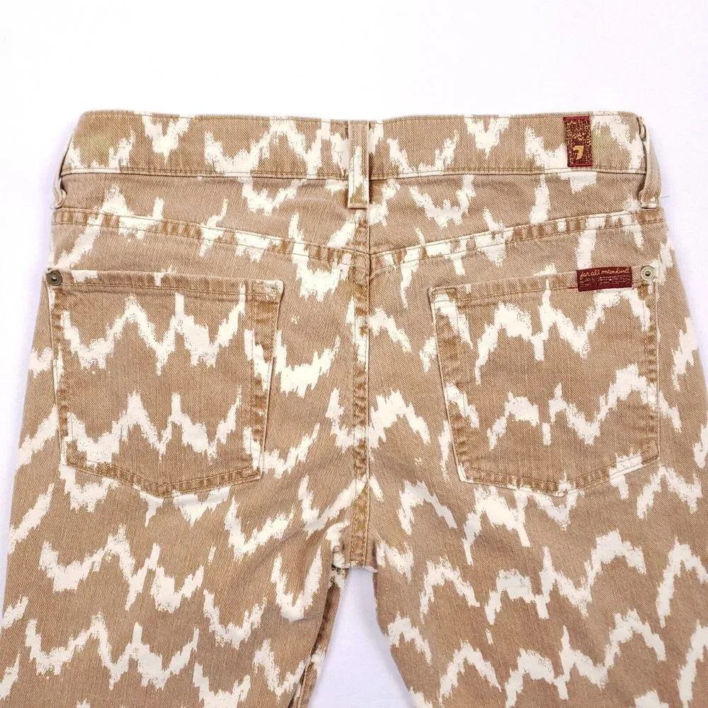 7 For All‎ Mankind Cropped Skinny Jeans Beige White Ikat Print 27 Stretch Denim - Picture 3 of 9